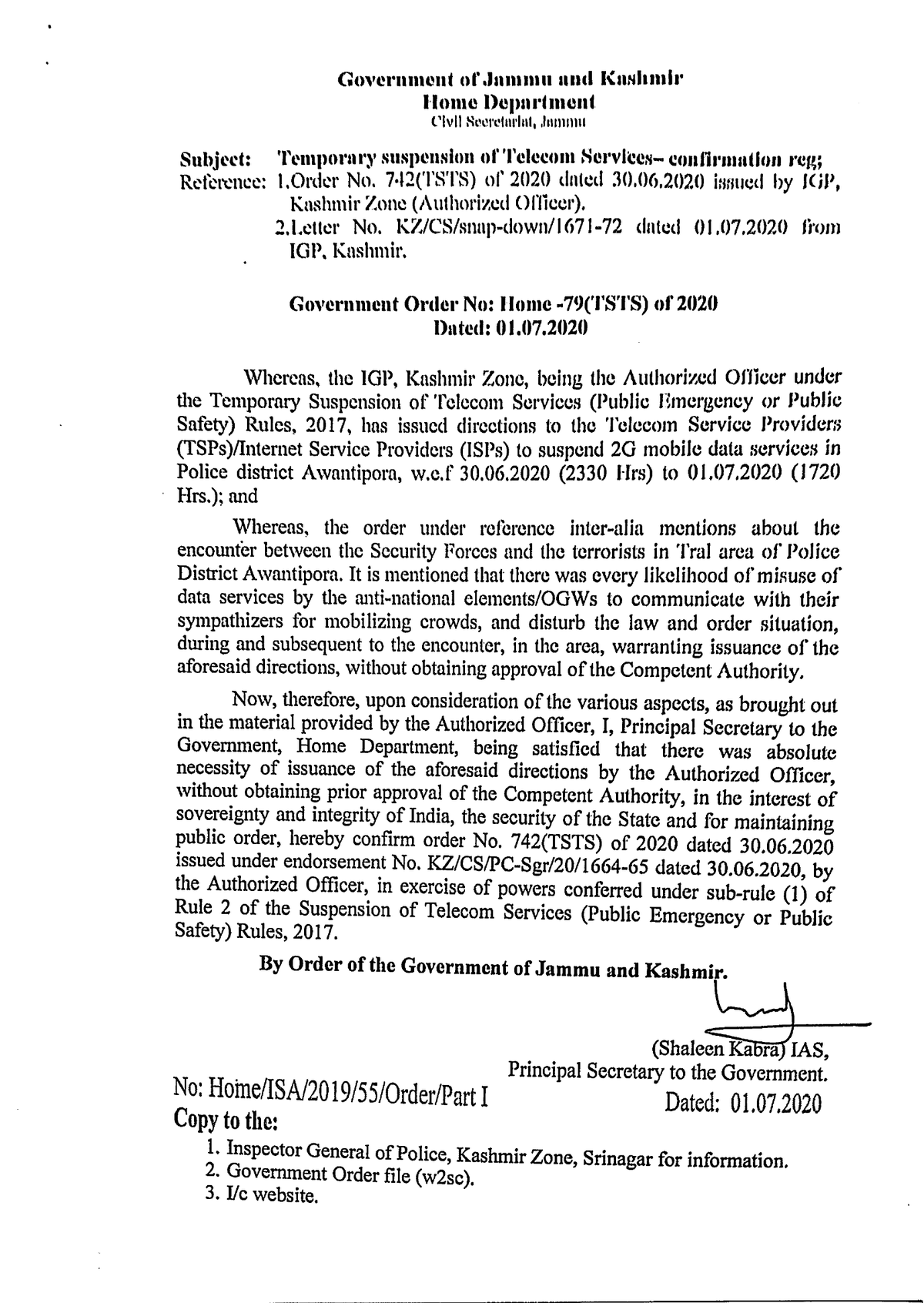 Government Order 79(TSTS)2020
