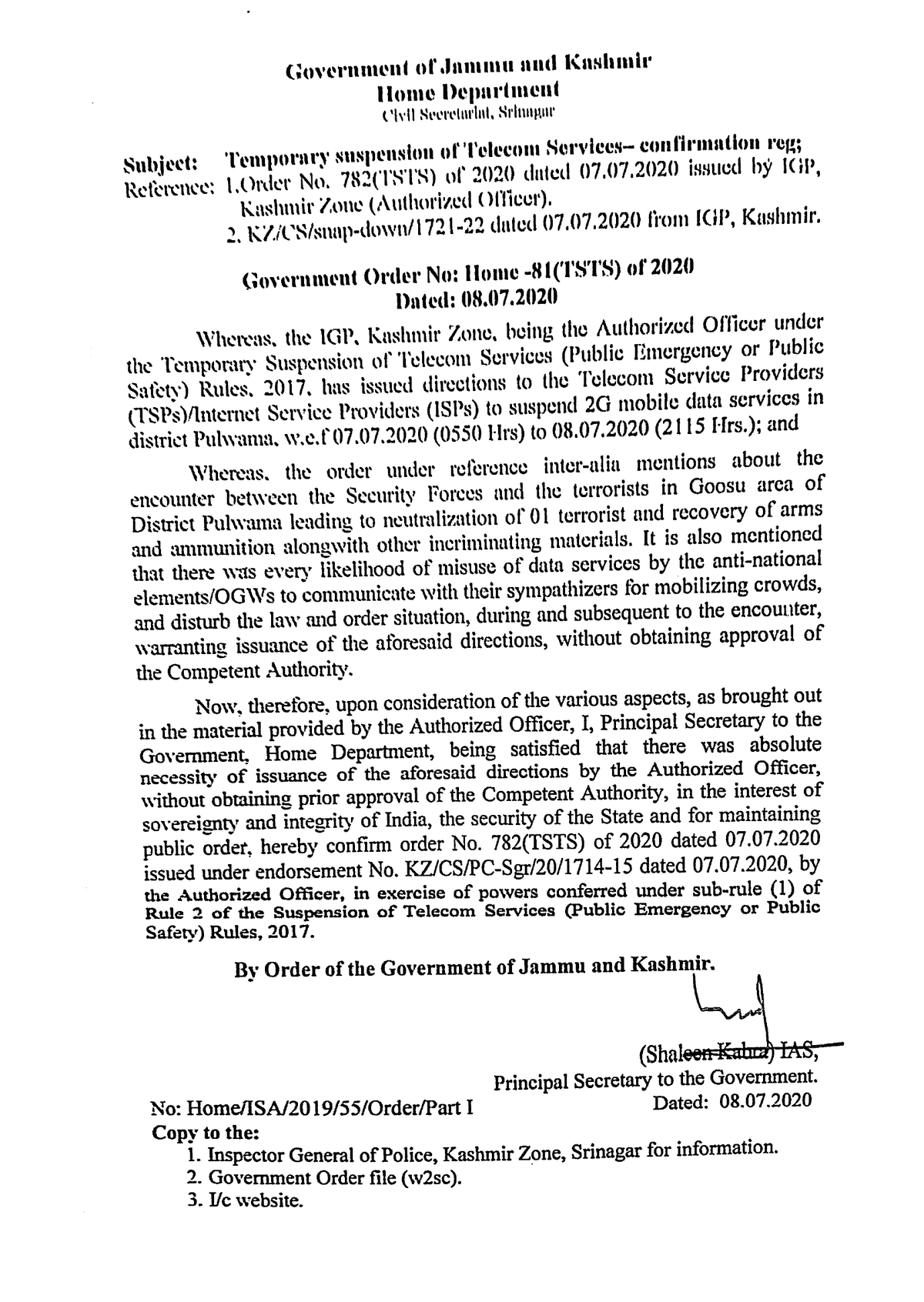 Government Order 81(TSTS)2020