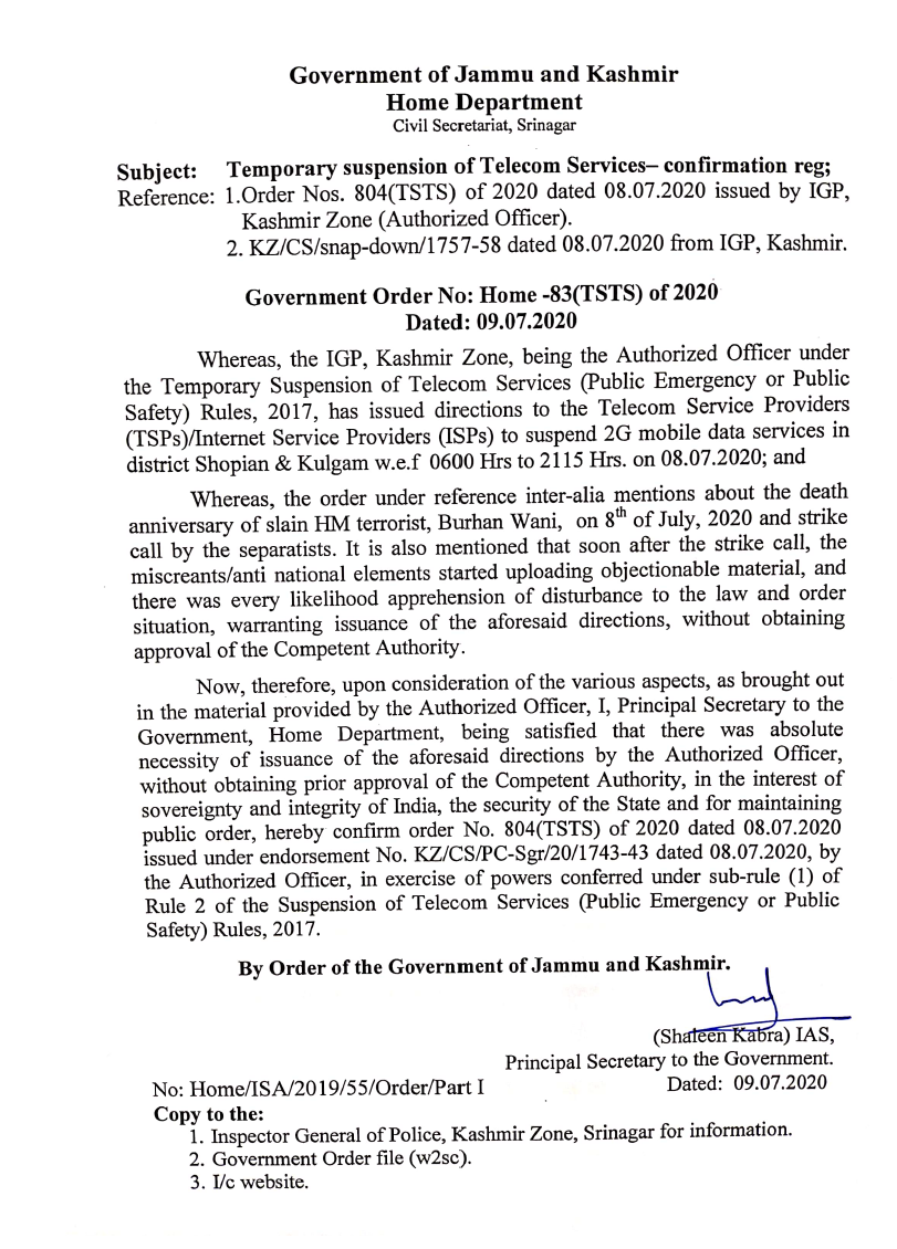 Government Order 83(TSTS)2020