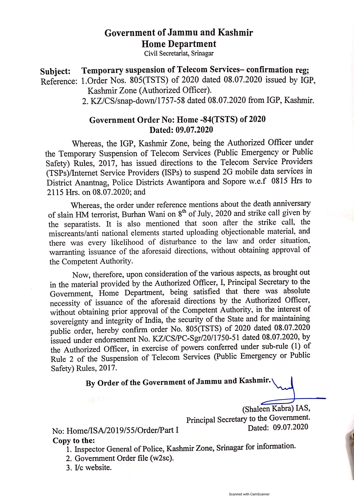 Government Order 84(TSTS)2020