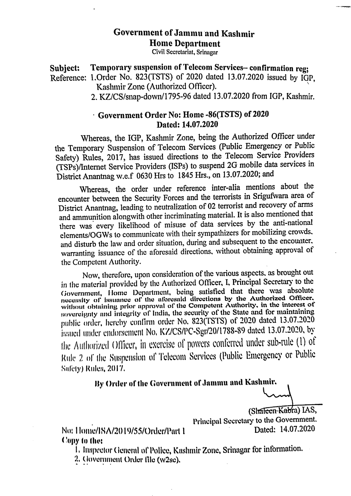 Government Order 86(TSTS)2020
