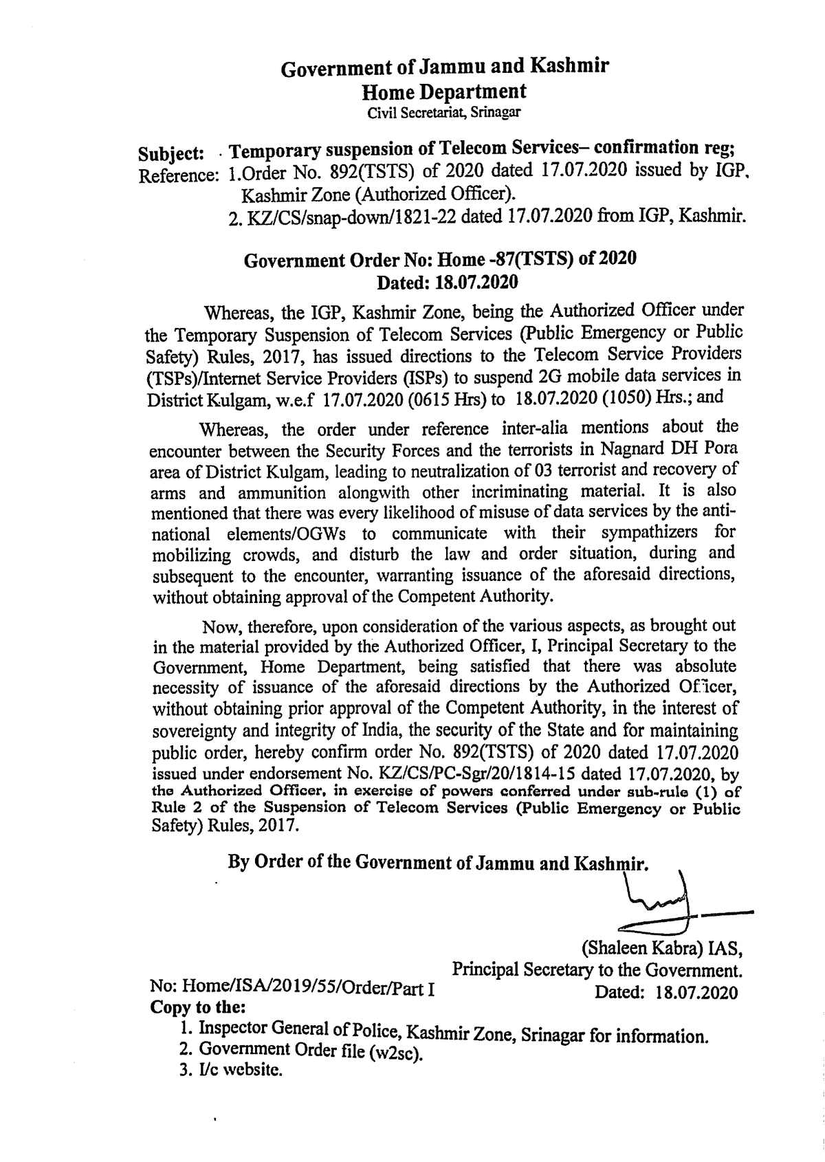 Government Order 87(TSTS)2020