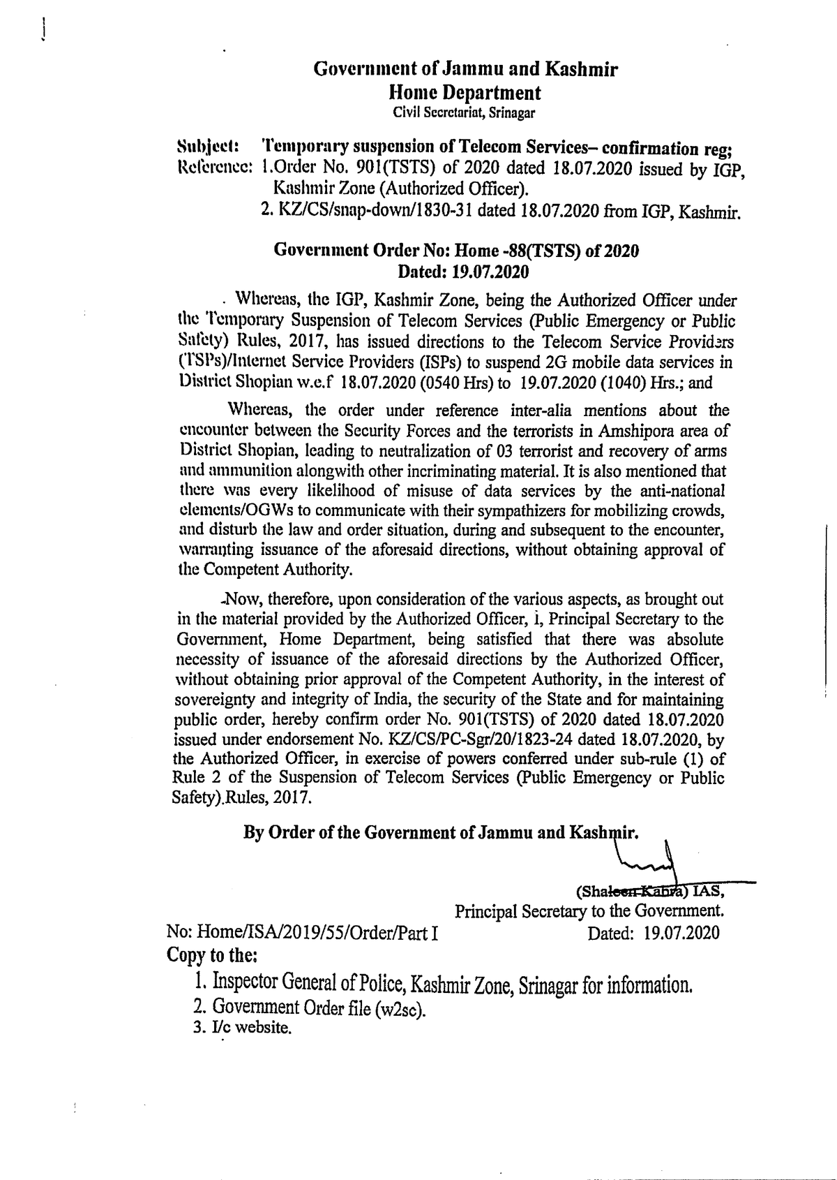 Government Order 88(TSTS)2020