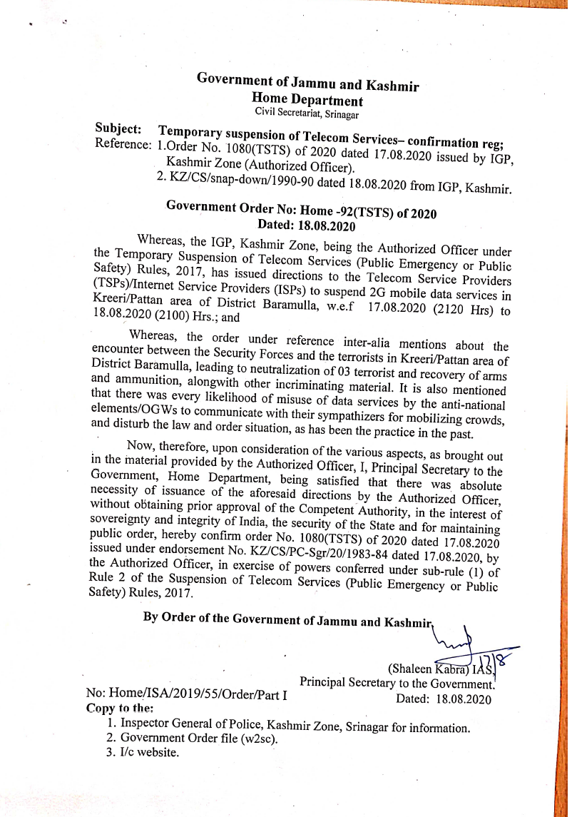 Government Order 92(TSTS) of 2020