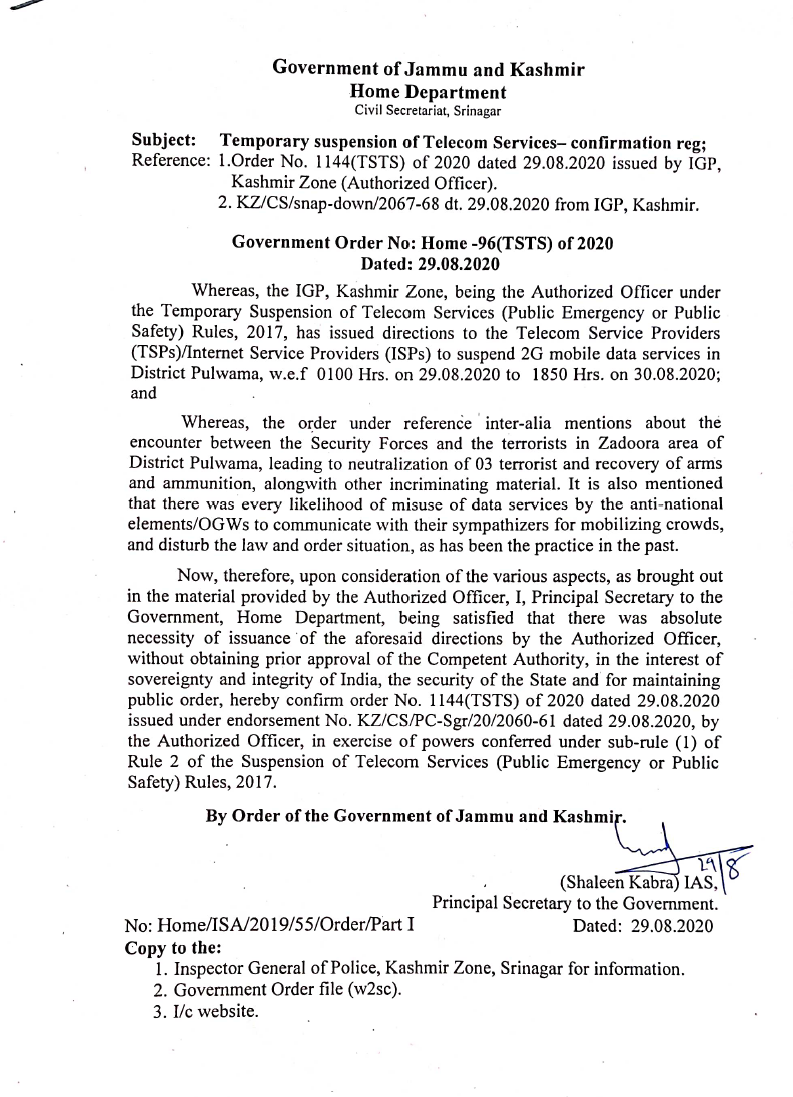 Government Order 96(TSTS) of 2020