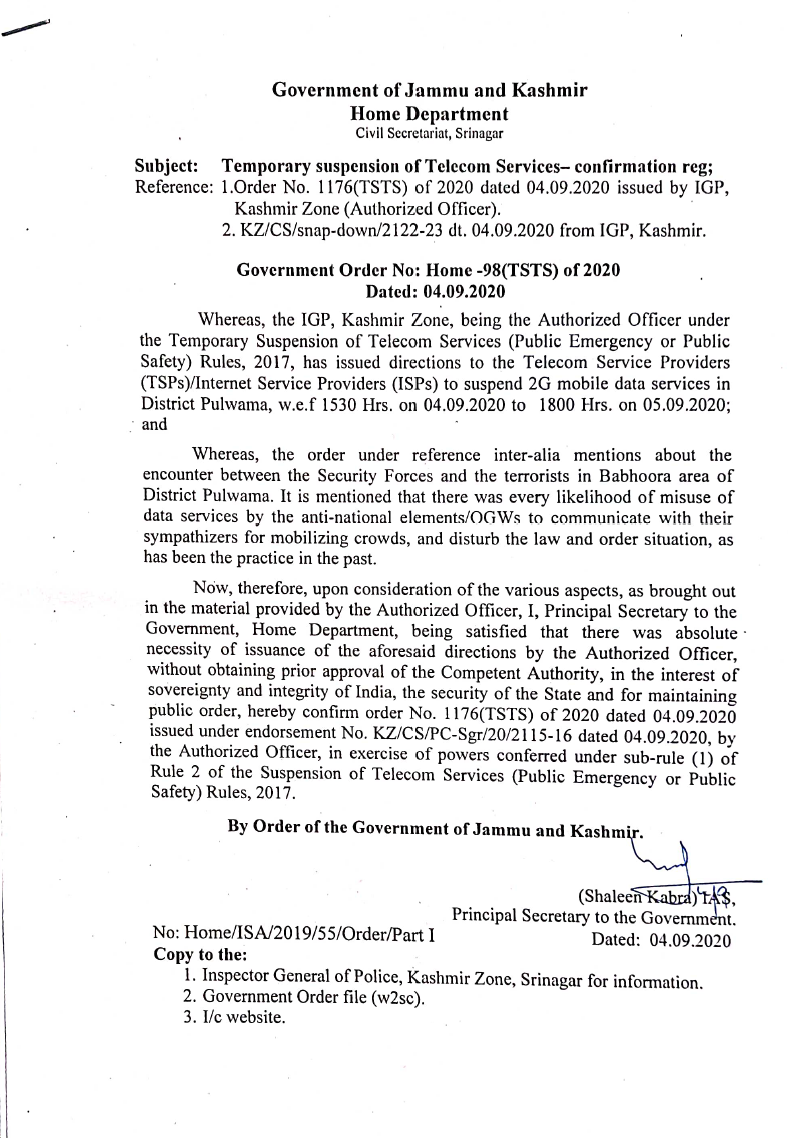Government Order 98(TSTS) of 2020