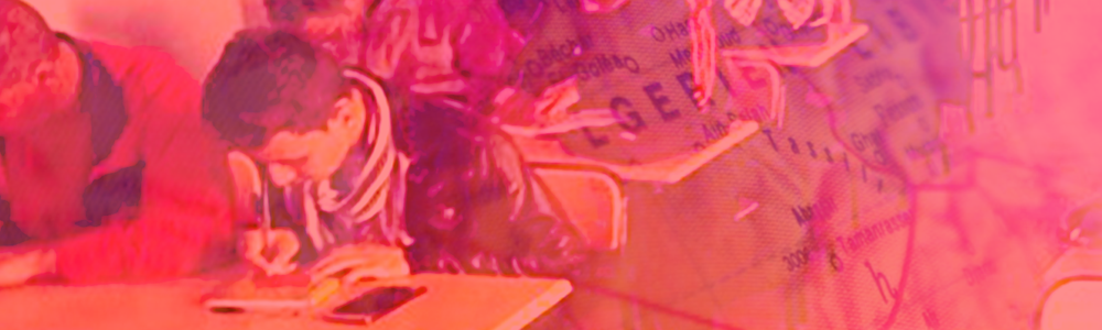 Students taking an exam in class with a map of Algeria imposed over