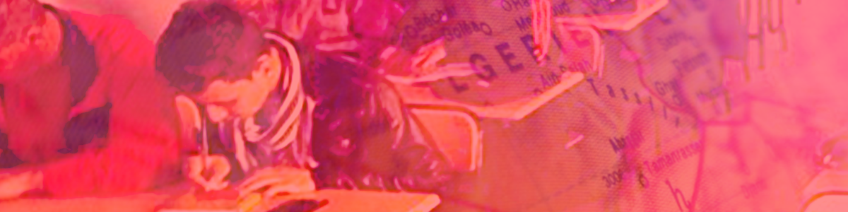 Students taking an exam in class with a map of Algeria imposed over