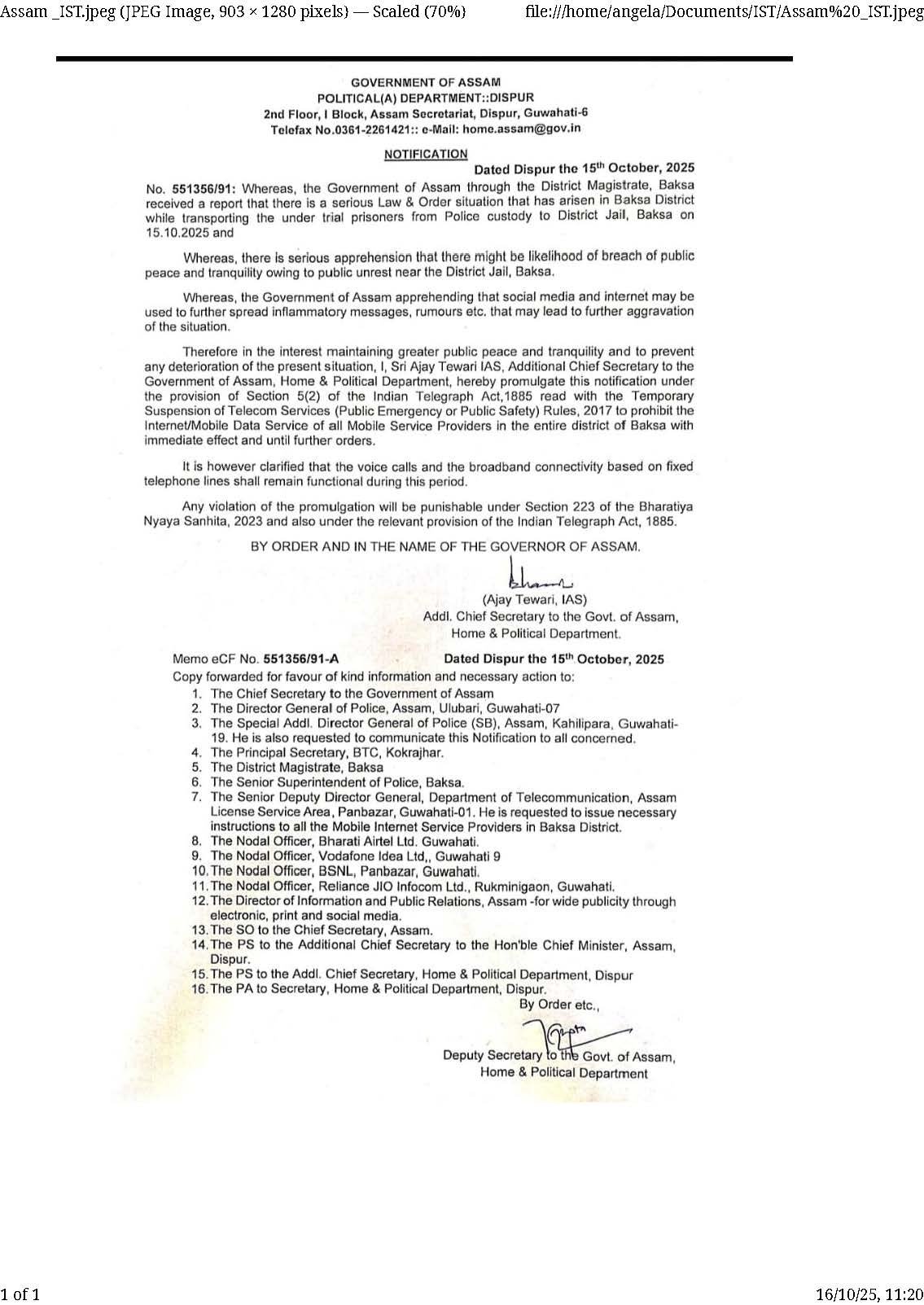 Screenshot of shutdown order for Assam