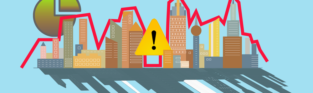 Illustration of city skyline and graphs in foreground and background||||