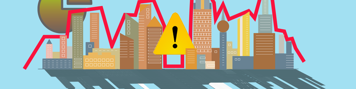 Illustration of city skyline and graphs in foreground and background||||