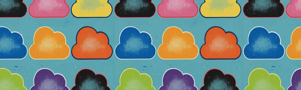 Illustration of different coloured cloud icons|||