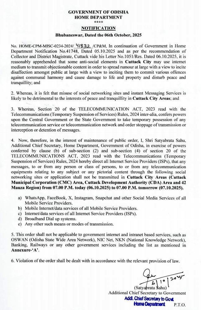 Screenshot of second shutdown order for Cuttack City