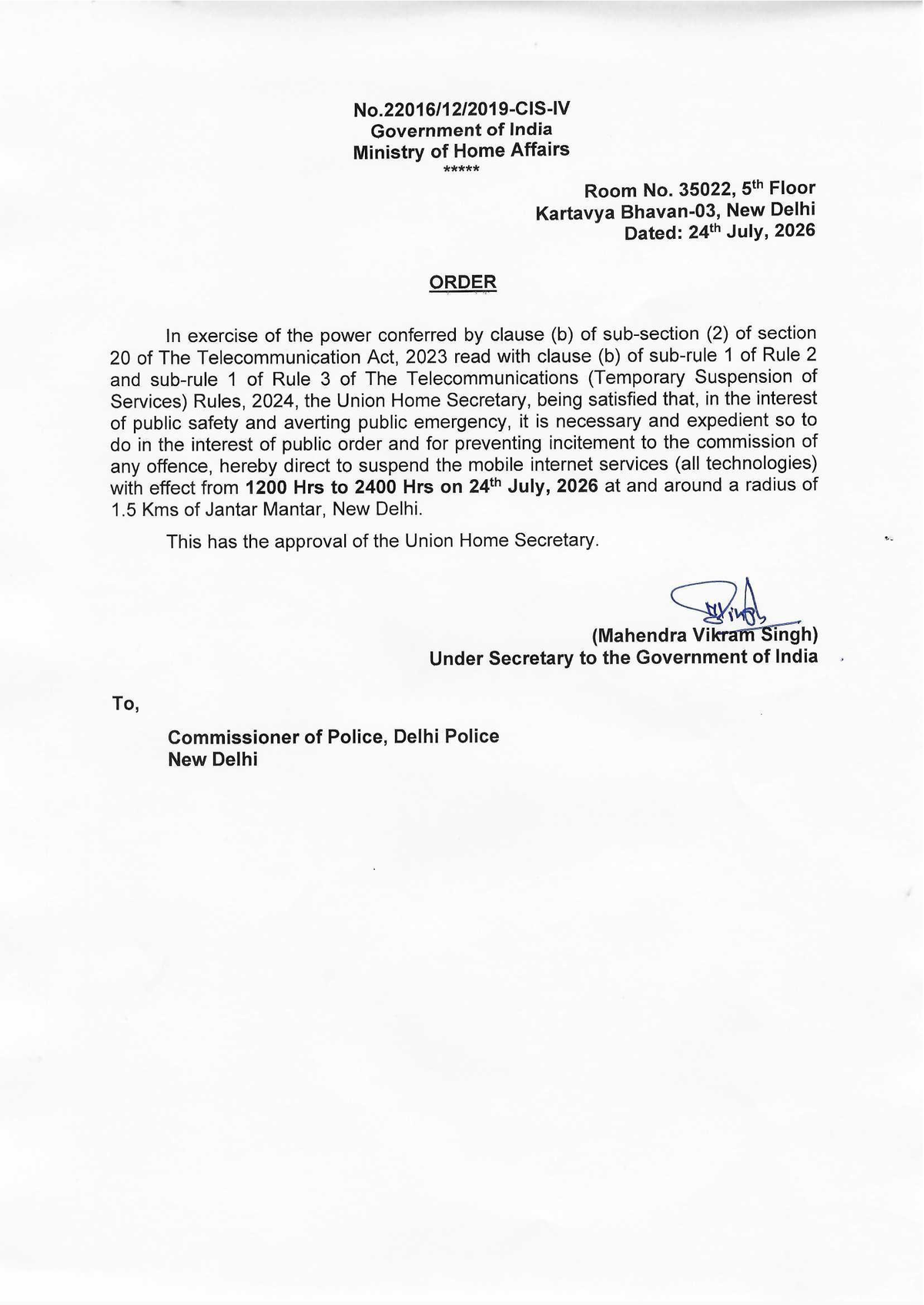 Copy of second Internet shutdown order extension