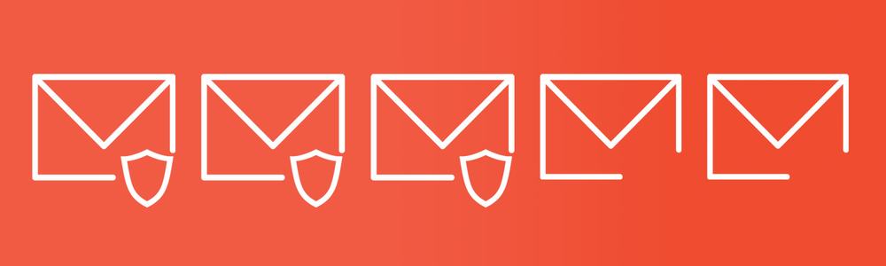 Illustration showing five email icons with security shields and two without