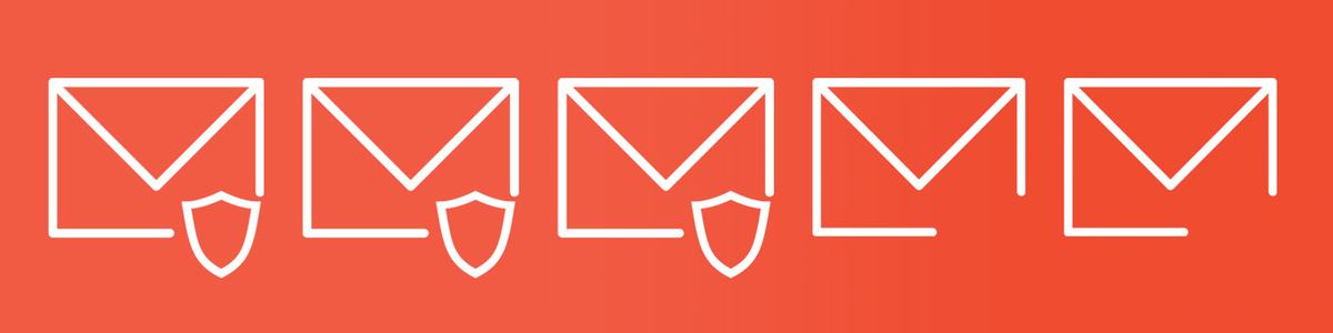 Illustration showing five email icons with security shields and two without
