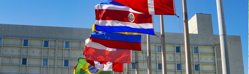 International flags in front of a building|