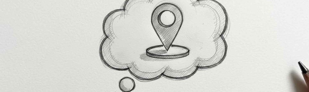 A pencil drawing of a thought bubble with a location icon.|