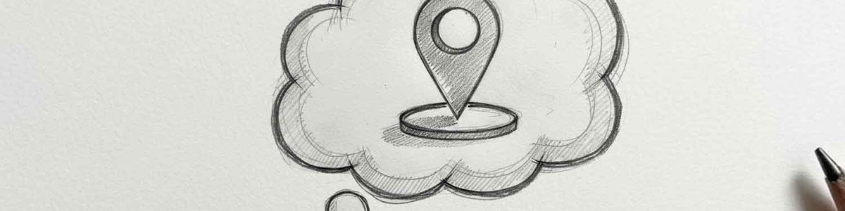 A pencil drawing of a thought bubble with a location icon.|