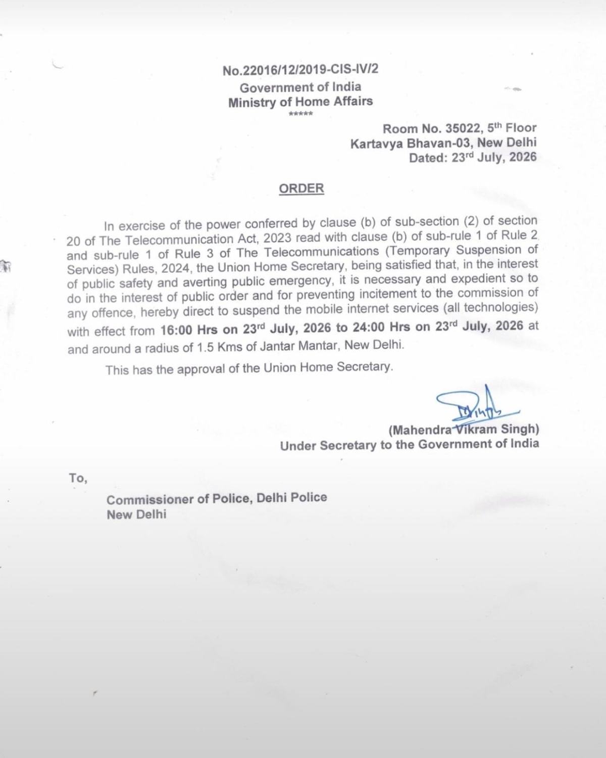 Copy of initial Internet shutdown order