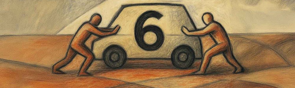 Abstract drawing of two people pushing a car from both ends