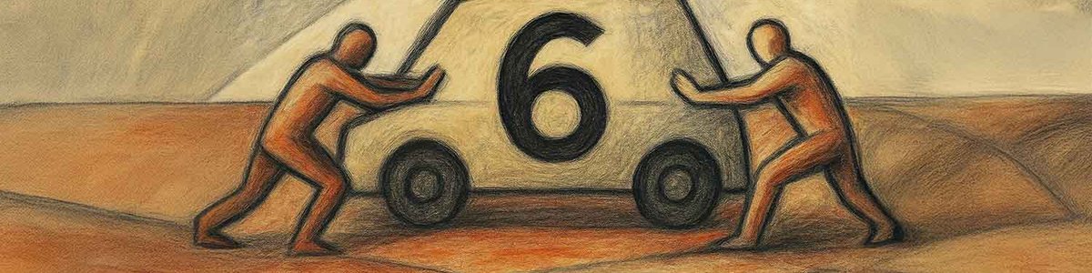 Abstract drawing of two people pushing a car from both ends