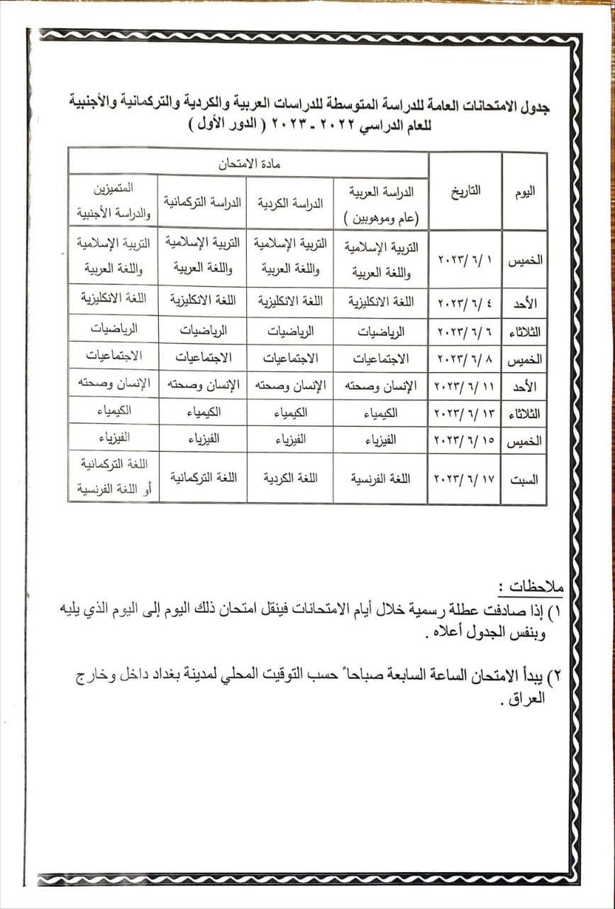 Iraq Primary School exam schedule for June 2023