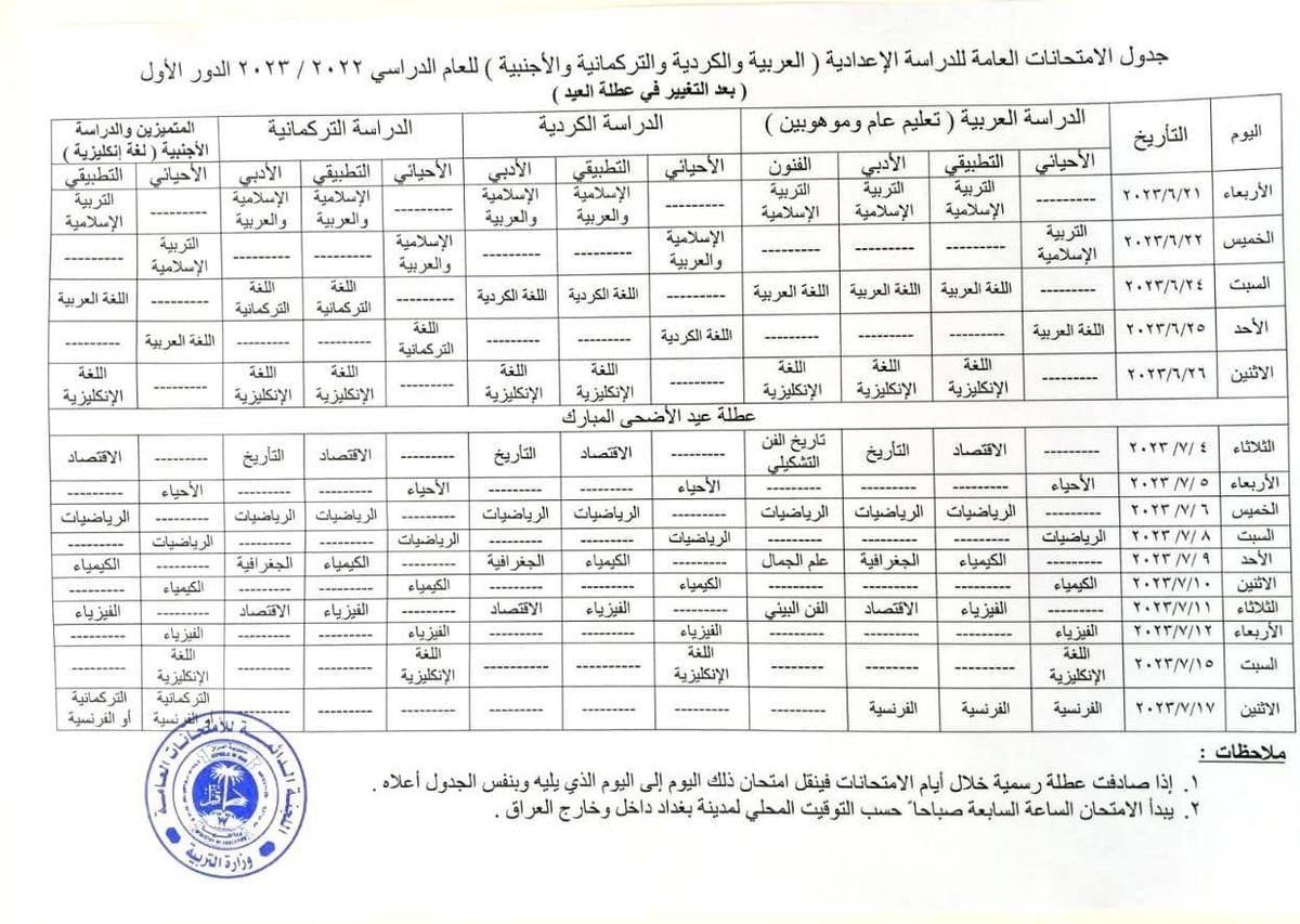 Iraq Primary School exam schedule for June 2023