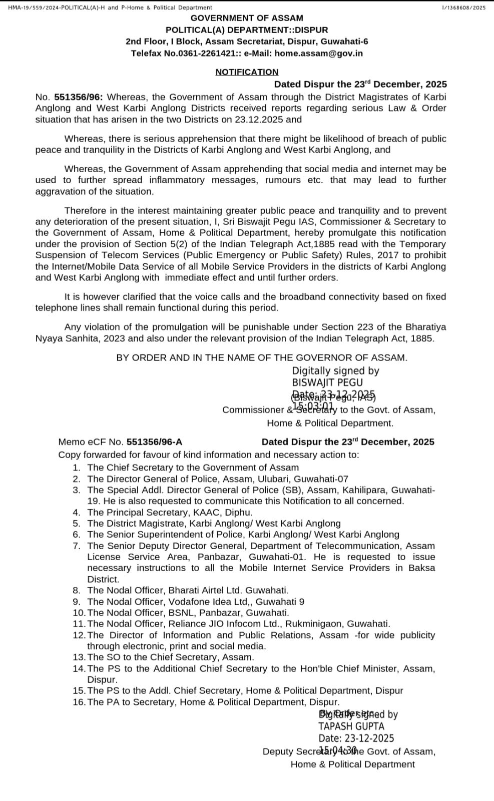 Screenshot of shutdown order for Assam