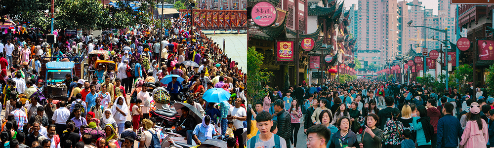 Banner image with two photos showing crowds in India and China||