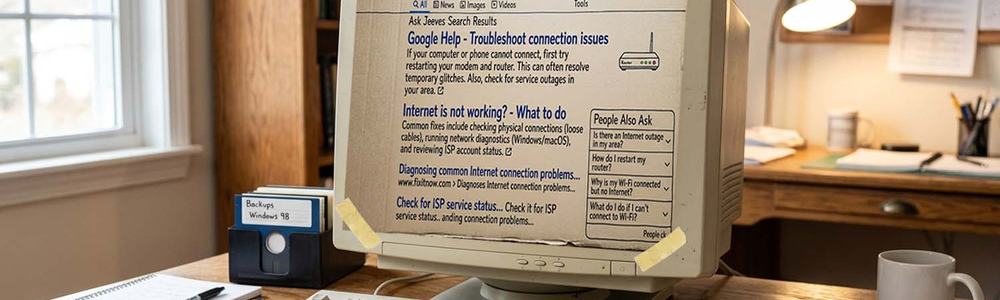 Photo of a desk with a computer on it and taped to the screen is a drawing of a Google search result for why the Internet isn't working