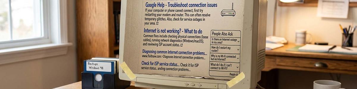 Photo of a desk with a computer on it and taped to the screen is a drawing of a Google search result for why the Internet isn't working