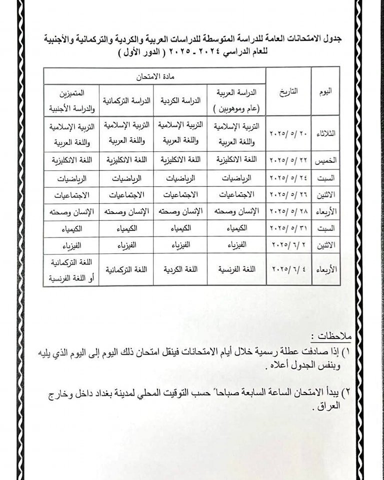 Exams Scheduled in Iraq, 20 May to 4 June 2025