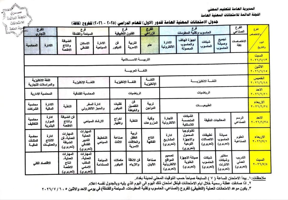 A table issued by Iraqi government with 8 exams scheduled between 13th June and 4th July 2026 for Vocational education..