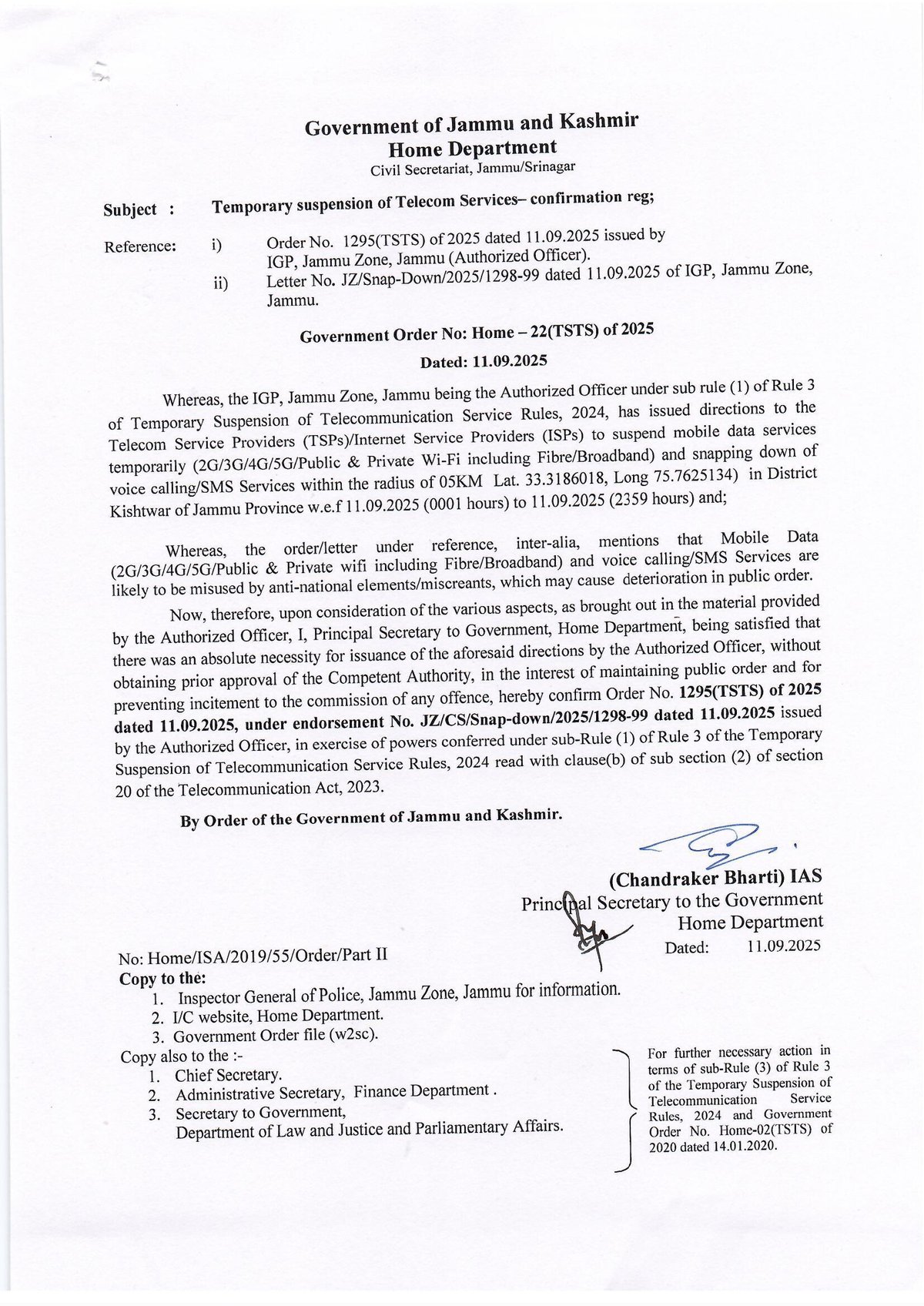 Screenshot of shutdown order for Kishtwar