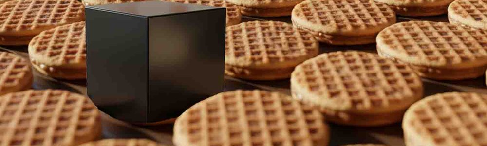 Photo of a table covered in stroppwafels with a black box in the middle
