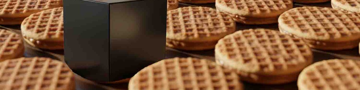Photo of a table covered in stroppwafels with a black box in the middle