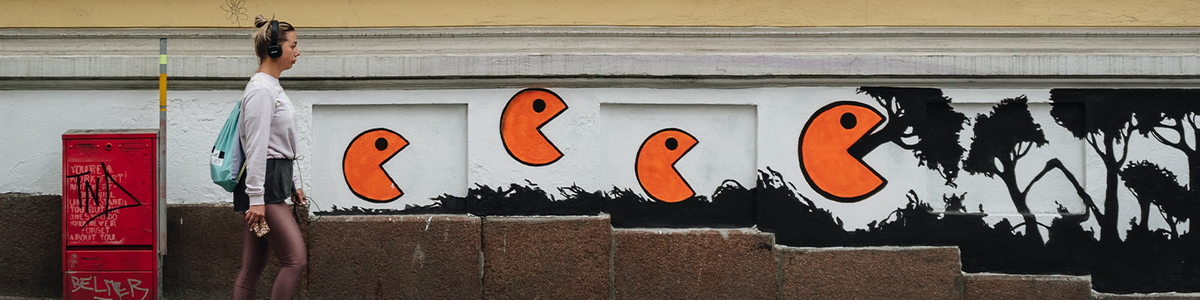 Photo of pacman street art on building|||||