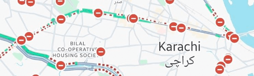 Capture d'écran de Google Maps montrant les dangers de la circulation à Karachi le 8 février 2024|||