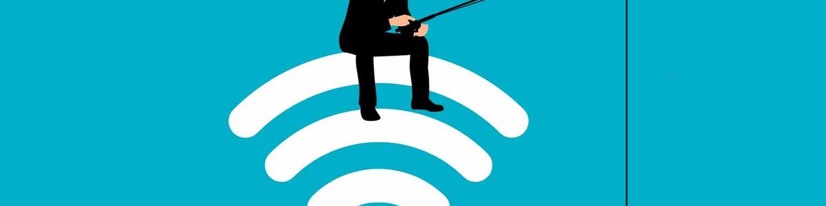 Illustration of a cloaked person sitting on a wifi symbol holding a fishing rod