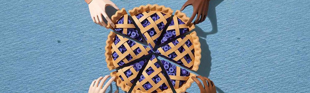 An illustration of a blueberry pie cut into eight pieces with four hands grabbing a piece