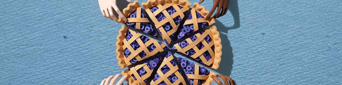 Illustration d'une tarte aux myrtilles coupée en huit morceaux, avec quatre mains saisissant un morceau.