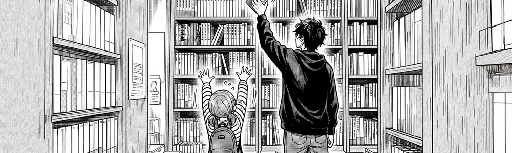 Illustration of a man and a child reaching for a book on the top shelf