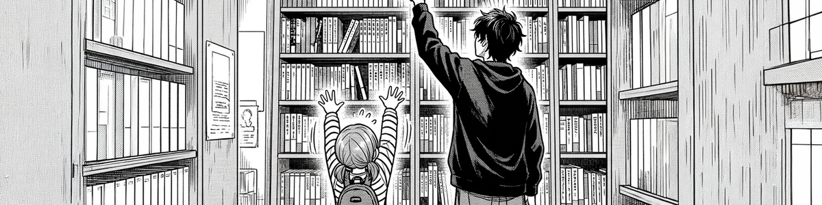 Illustration of a man and a child reaching for a book on the top shelf