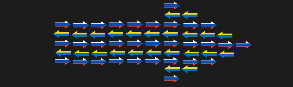 Illustration of arrows colored in ukraine and russian flag colors pointing in different directions||||