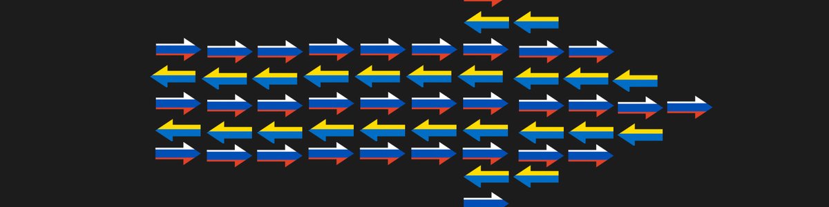 Illustration of arrows colored in ukraine and russian flag colors pointing in different directions||||