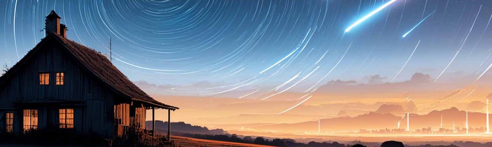 Illustration d'une ferme avec la ville en arrière-plan et des satellites dans le ciel nocturne