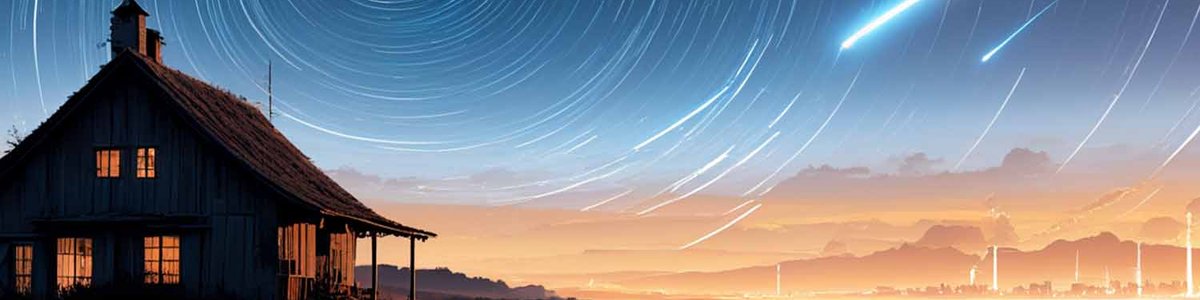 Illustration of a farm house with the city in the background and satellites in the night sky