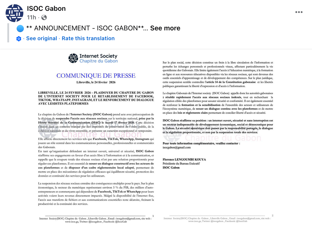 Screenshot of the Internet Society Gabon Chapter Facebook Post