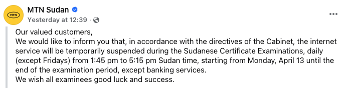 English translation of customer update from MTN